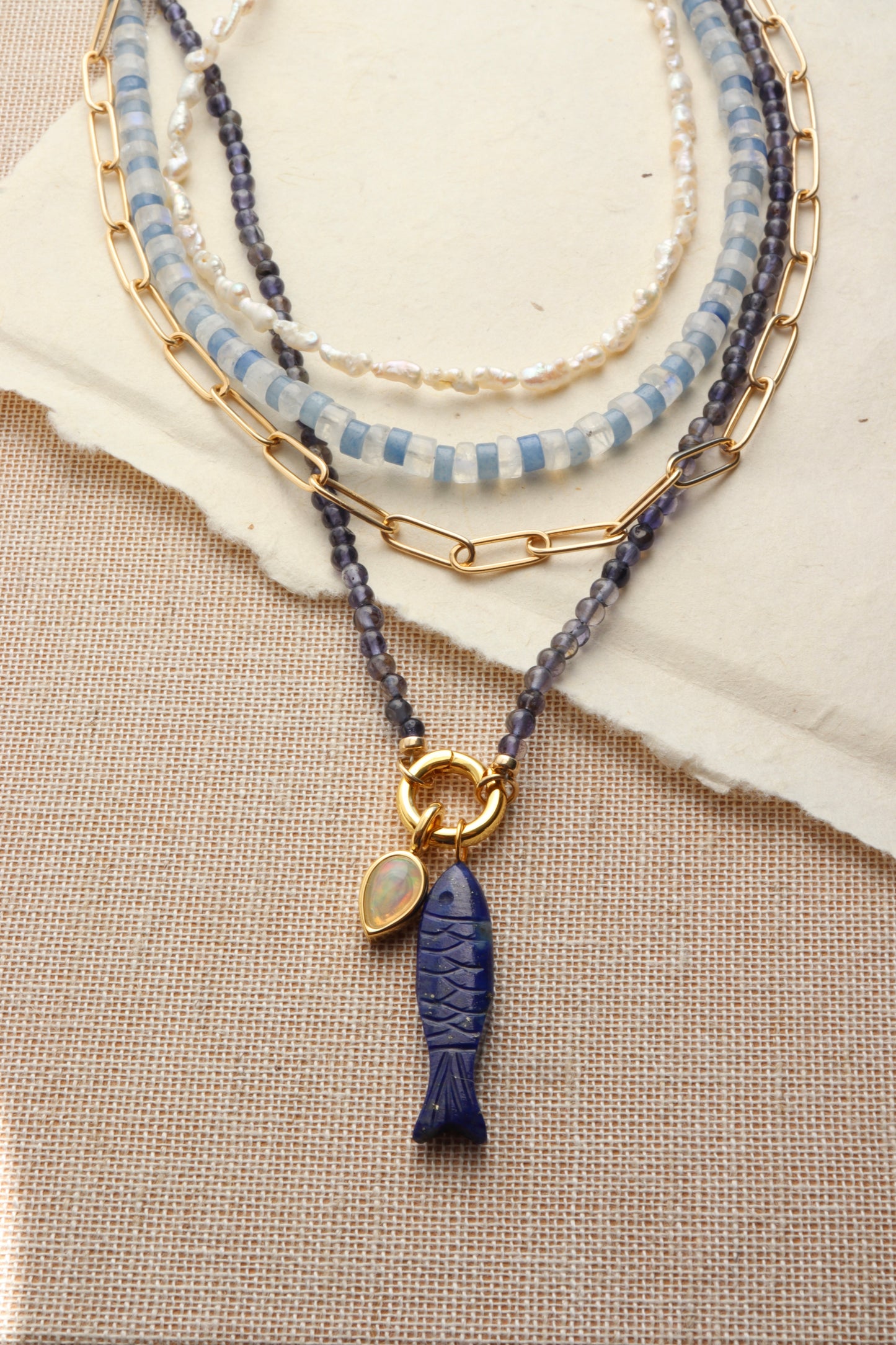 Iolite Beaded Necklace with Push Clasp Center