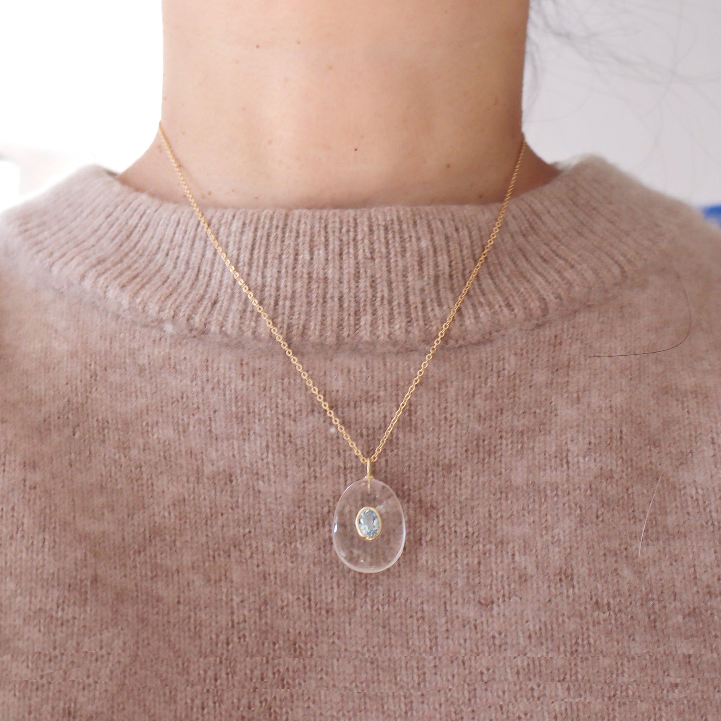 Large Sol Clear Quartz with Blue Topaz Pendant