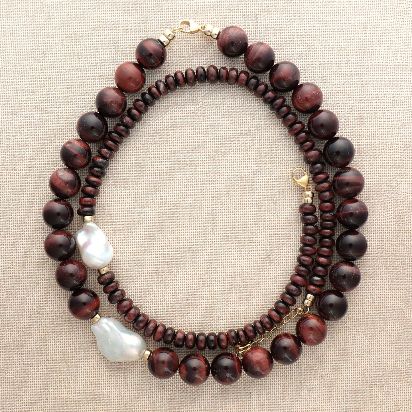 Red Tigers Eye Sphere With Baroque Pearl Necklace