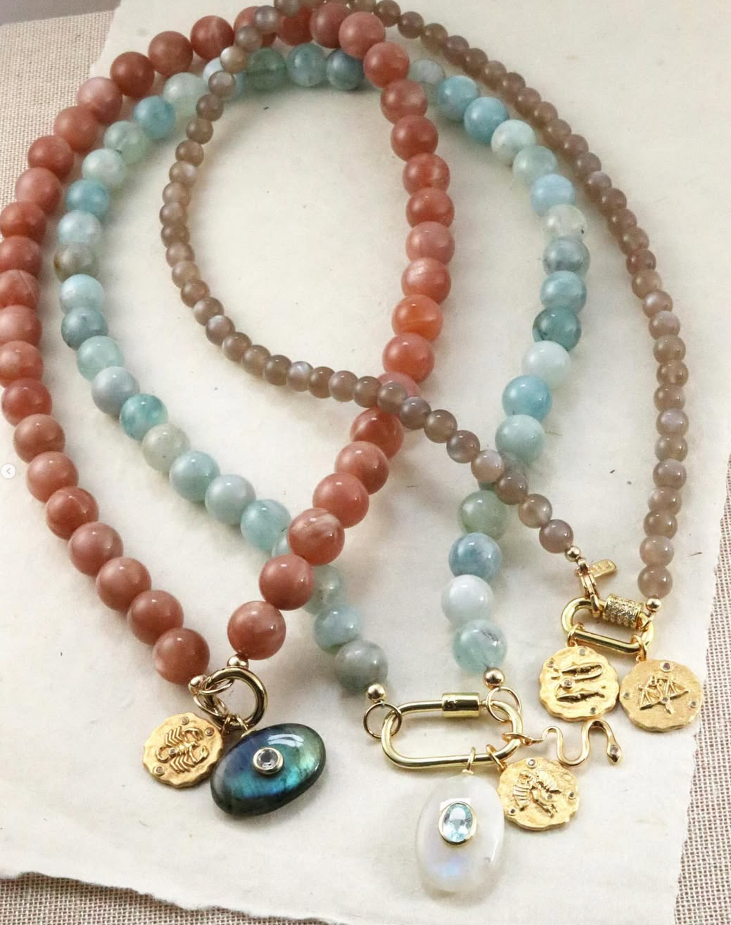 Aquamarine Beaded Necklace with Carabiner