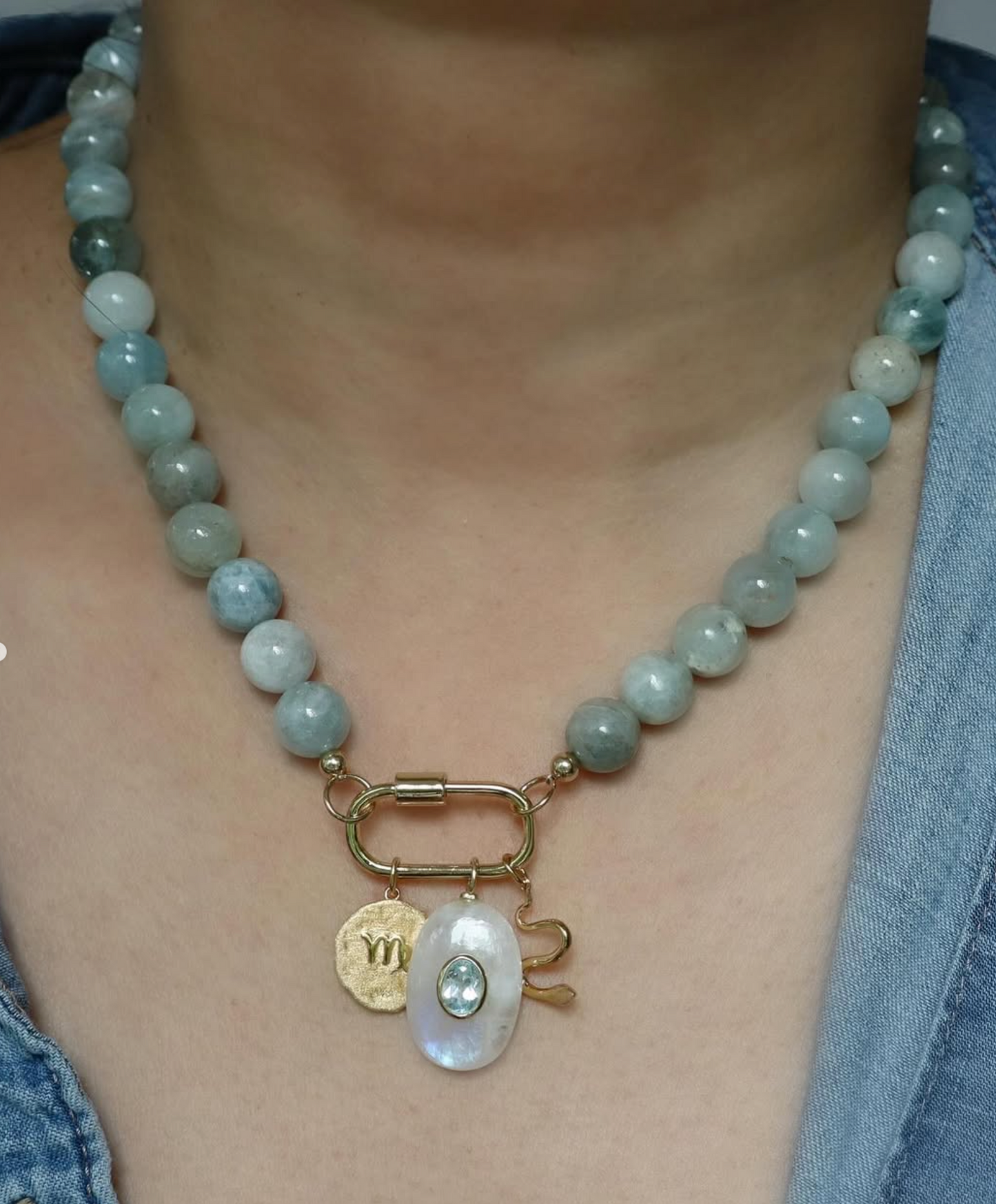 Aquamarine Beaded Necklace with Carabiner
