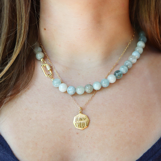 Aquamarine Beaded Necklace with Carabiner