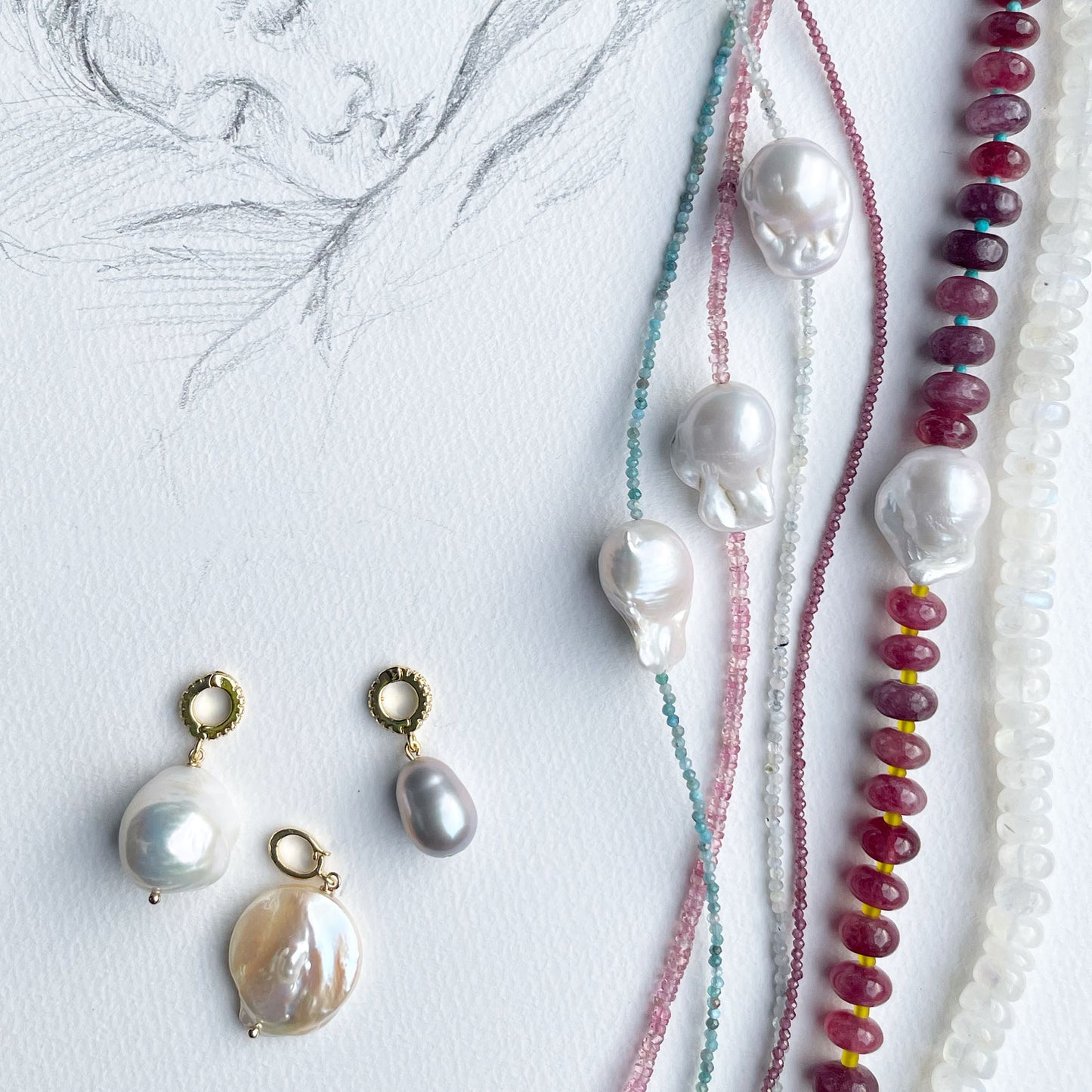 Raspberry Tucson Statement Beaded Gemstone Necklace with Pearl