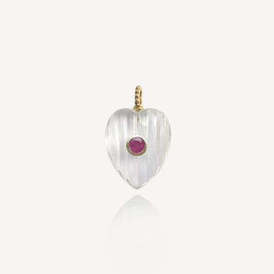 Medium Amie Ribbed Clear Quartz With Ruby Heart Pendant