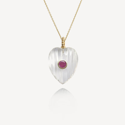 Medium Amie Ribbed Clear Quartz With Ruby Heart Pendant