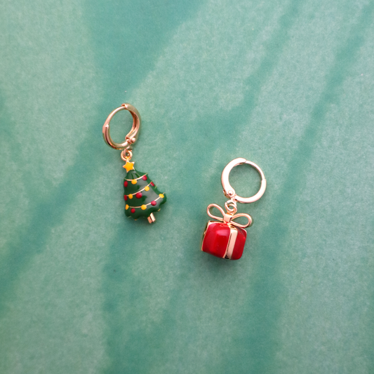 Holiday Enameled Tree and Present Earrings