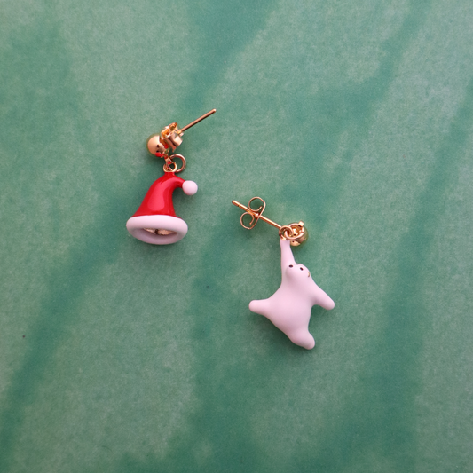 Holiday Bear and Santa Hat Asymmetrical Enamel Earrings