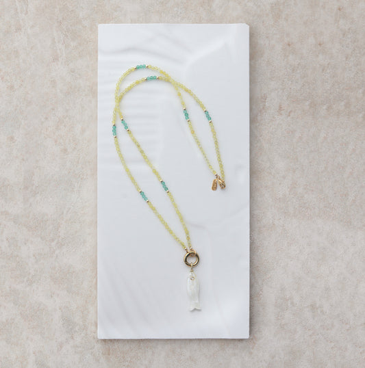 Palma Yellow Agate and Turqupose with Moonstone Fish Necklace