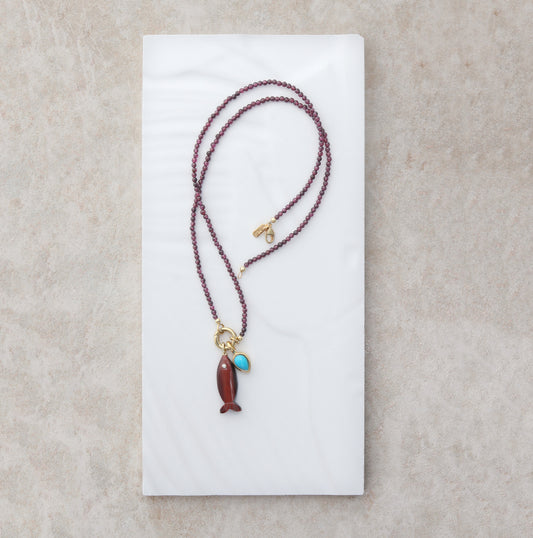Palma Garnet and Red Tigers Eye Fish Necklace
