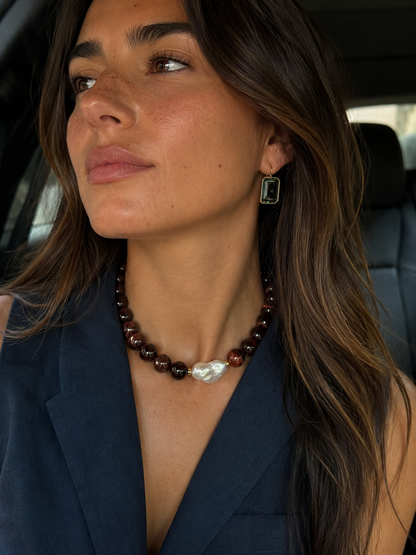 Red Tigers Eye Sphere With Baroque Pearl Necklace