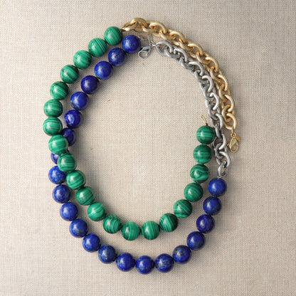 Asymmetrical Malachite Sphere Necklace with Ribbed Chain