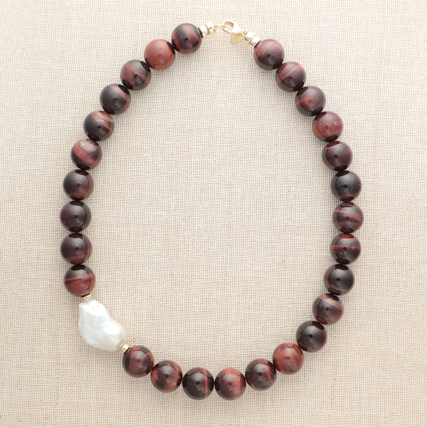 Red Tigers Eye Sphere With Baroque Pearl Necklace