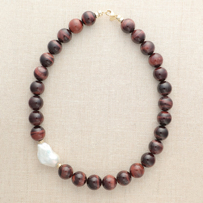 Red Tigers Eye Sphere With Baroque Pearl Necklace