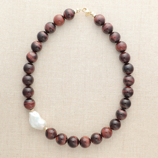Red Tigers Eye Sphere With Baroque Pearl Necklace