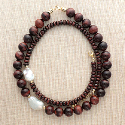 Red Tigers Eye Sphere With Baroque Pearl Necklace