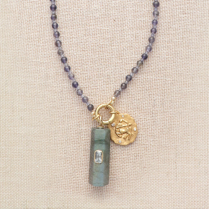 Iolite Beaded Necklace with Labradorite Pendant