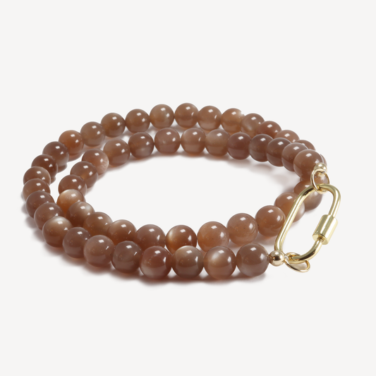 Medium Chocolate Moonstone Beaded Necklace with Carabiner