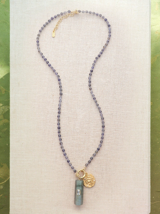 Iolite Beaded Necklace with Labradorite Pendant