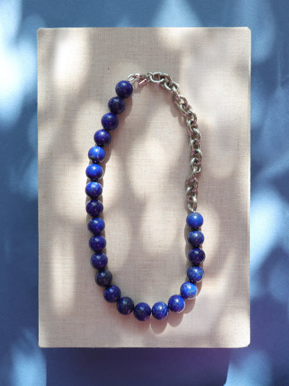 Asymmetrical Lapis Sphere Necklace with Ribbed Chain
