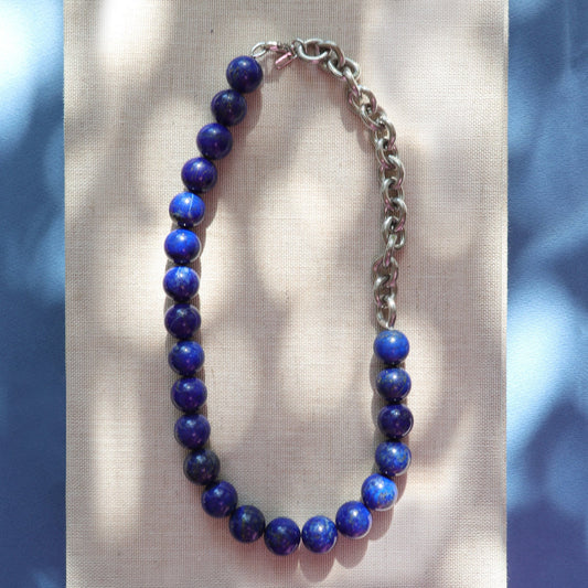 Asymmetrical Lapis Sphere Necklace with Ribbed Chain
