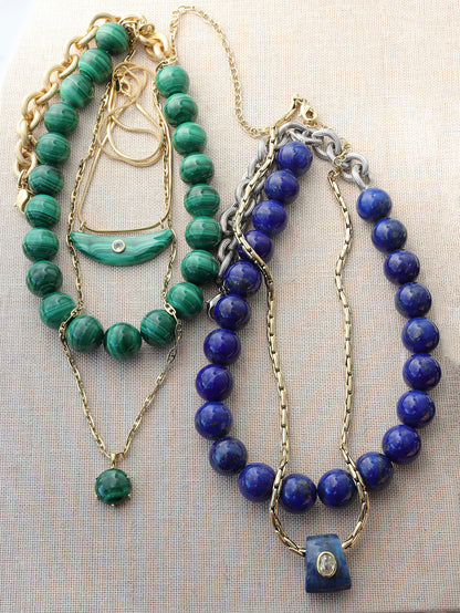 Asymmetrical Malachite Sphere Necklace with Ribbed Chain