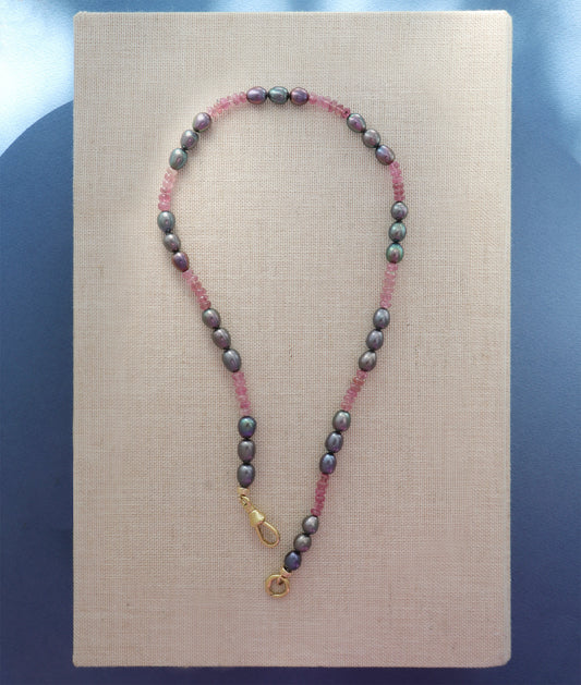 Pink Tourmaline and Black Pearl Necklace