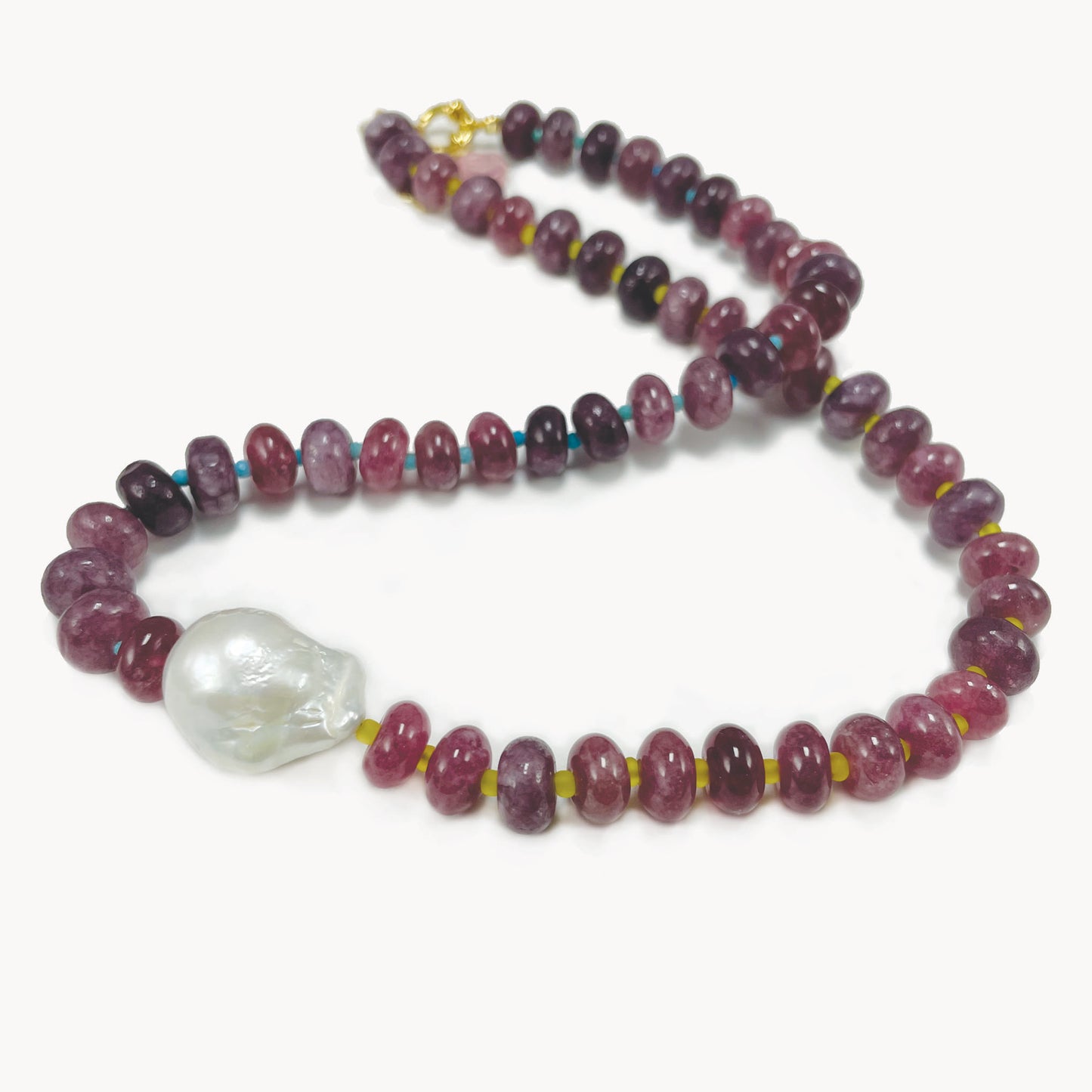 Raspberry Tucson Statement Beaded Gemstone Necklace with Pearl