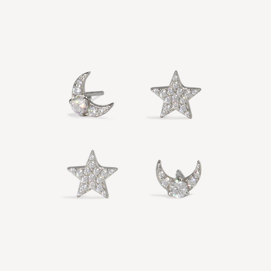 Silver Moon and Star Stud Set